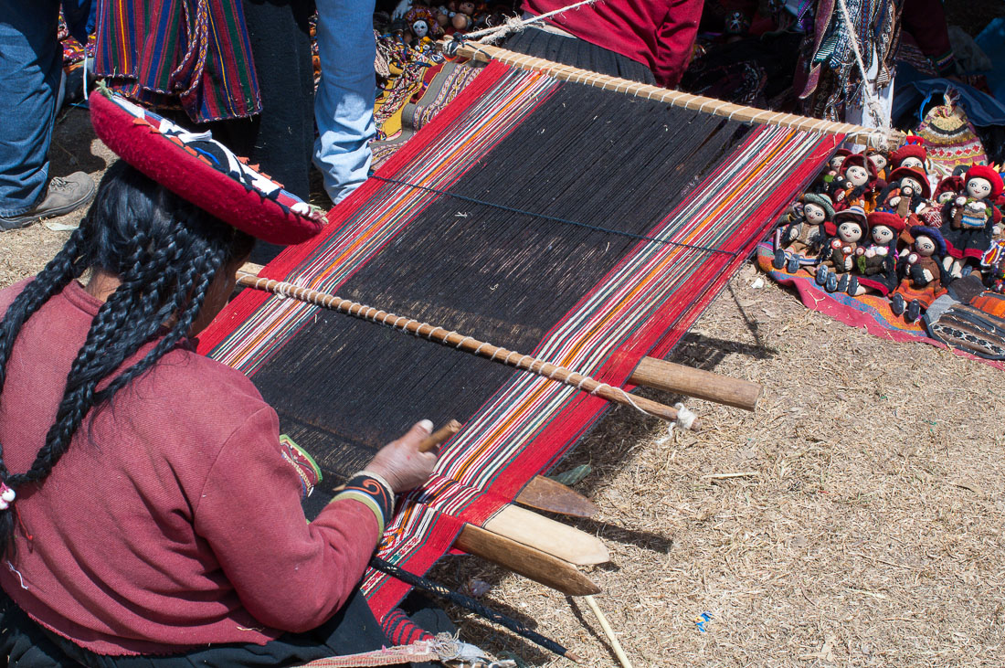 Women weaving at Cinchero wool artisan fair, Sacred Valley, Peru, South America