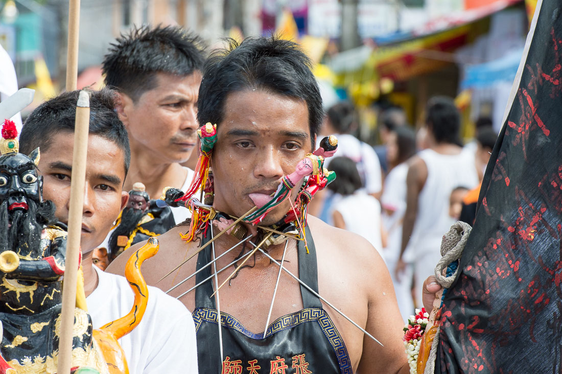 Psychic medium follower of the Bang New Shrine, witha bunch of long and thick needles pierced through his cheecks, ears, neck and tongue, taking part in a street procession during the annual Chinese vegetarian festival. Phuket, Kingdom of Thailand, Indochina, South East Asia