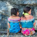 Little girls from the Red Hmong people ethnic minority, wearing traditional costume, countryside Ha Giang province. Viet Nam, Indochina, South East Asia.