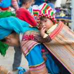 Young mother from the Flower Hmong people ethnic minority carrying her baby on a traditional back pak, Bac Ha market, Lao Cai Province, Viet Nam, Indochina, South East Asia