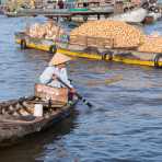 A woman selling lottery tickets at the Cai Rang vegetable floating market in the Mekong River Delta., Can Tho, Hau Giang Province, Viet Nam, Indochina, South East Asia.