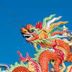A colorful dragon on the rooftop of the Chua Buu Dai Son Buddhist padoga in Da Nang, Viet Nam, Indochina, South East Asia.
